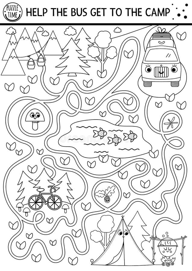 Black and white summer camp maze for children. Active holidays preschool outline printable activity. Family road trip labyrinth