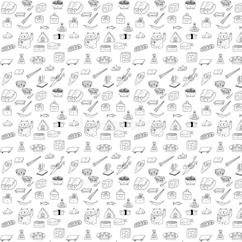 Black and white sushi pattern in doodle stile