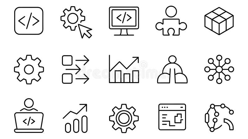 Black and white technology and business icons set computer coding vector illustration