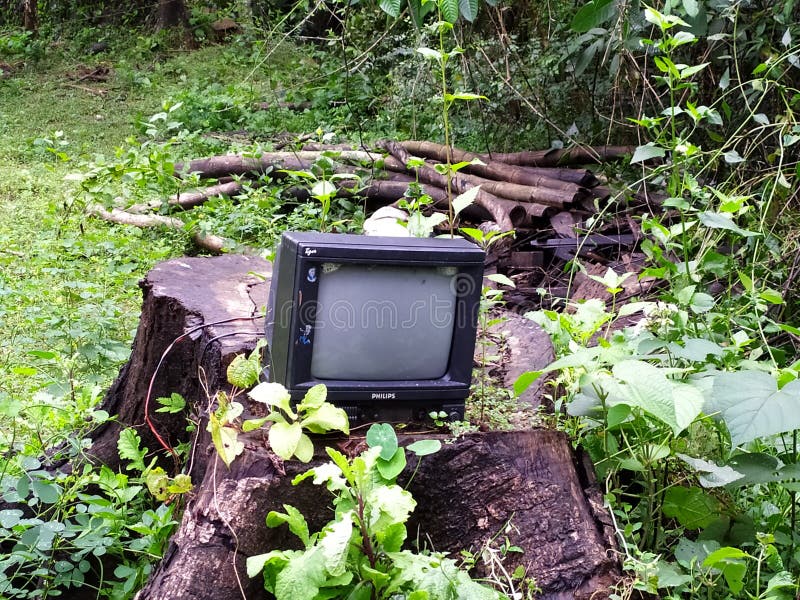 Black and white television kept on a tree stump with Scooby Doo stickers on it. Coastal India