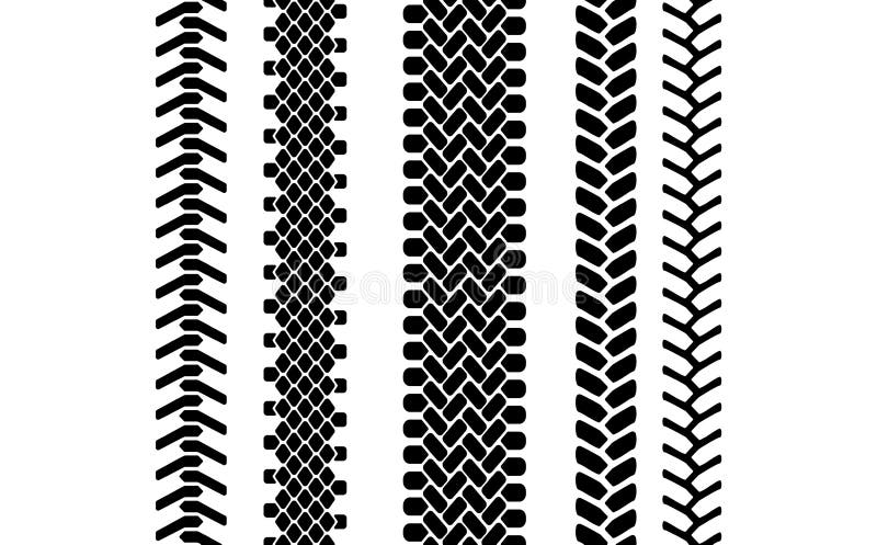 Black and white tire tread protector track seamless pattern, vector set
