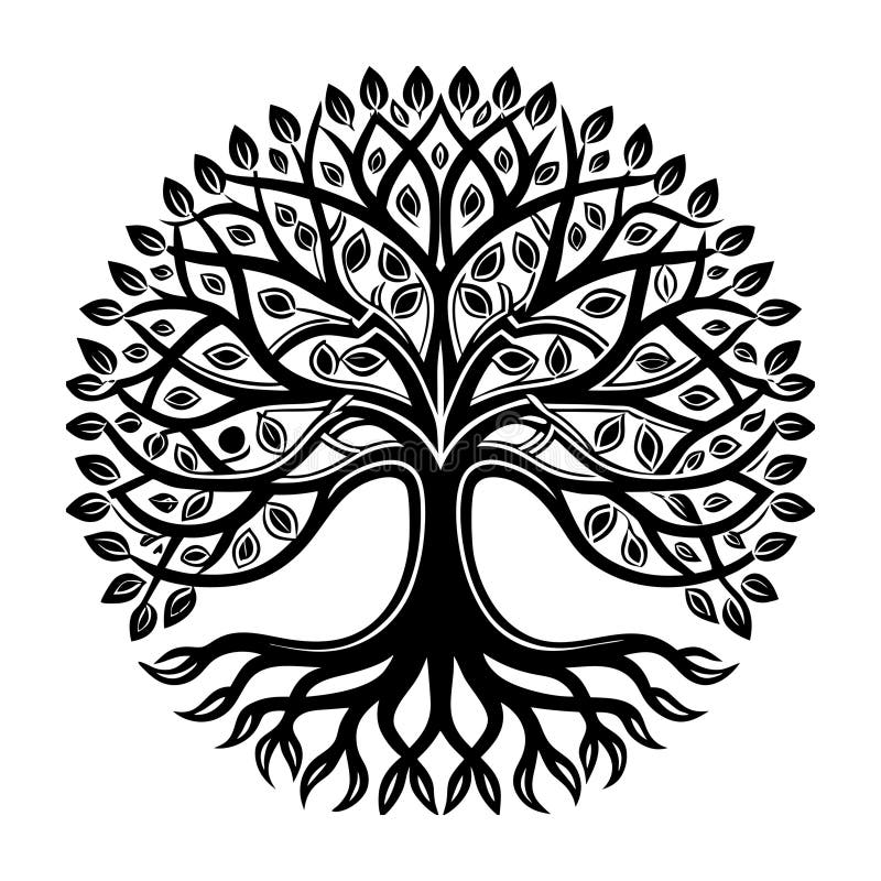 Black and White Tree of Life Illustration: Celtic Knot Design, Roots and Leaves vector illustration