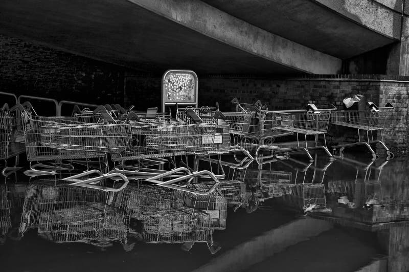 Black and White of Trollies in Flood