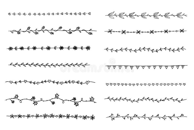 Black and white vector border set. simple isolated dividers with leaves, branches, flowers and hearts. hand drawn borders. royalty free illustration