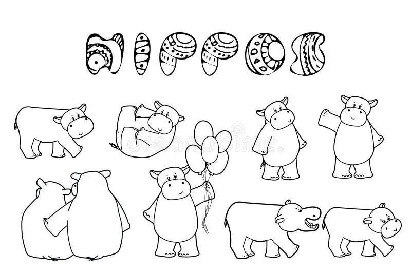 Black white vector of cartoon outline doodle hippos in different poses, with balloons. Hand drawn text and hippopotamuses