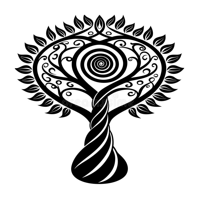 Elegant Black and White Tree of Life Vector Graphic with Spiral royalty free illustration