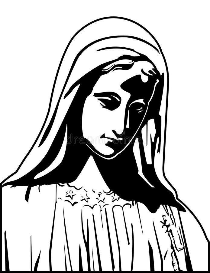 This is a black and white vector graphic of the Virgin Mary.