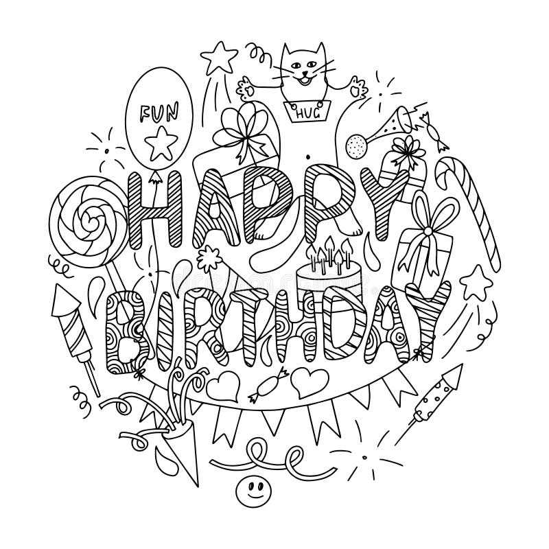 Black and White Vector Illustration. Birthday Card Concept. Set of ...