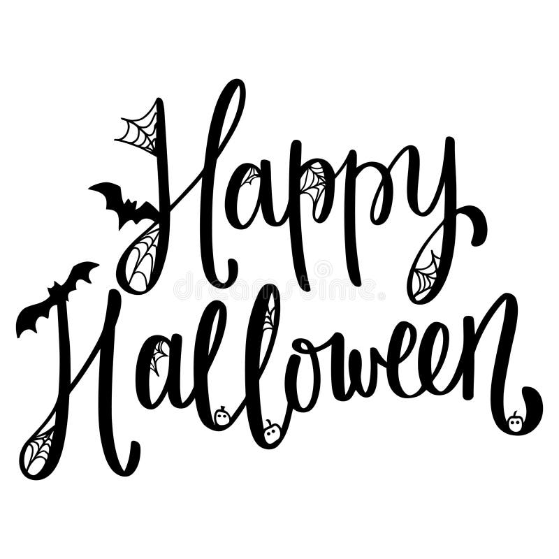 Black and white vector illustration of Happy Halloween lettering with bats and spiderwebs. This image features a clean white background,. Spiderwebs vectors