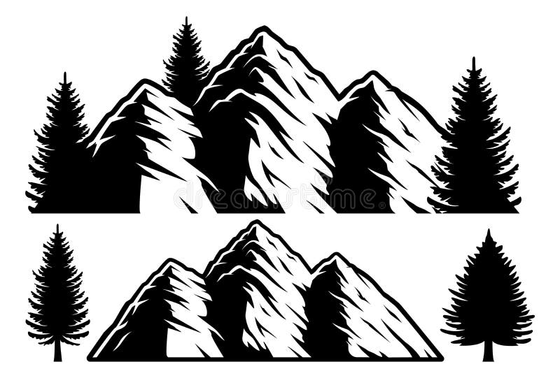 Black And White Vector Illustration Of Mountains And Trees