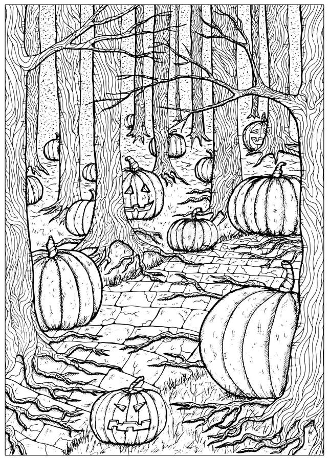 Black and white vector illustration with path or trailway, scary pumpkin head and lanterns hiding behind the gloomy trees in dark