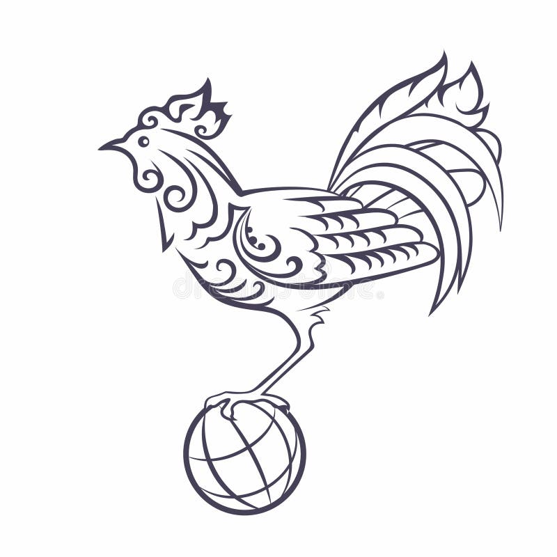 Black and White Vector Illustration. the Rooster Holds the Globe in Its