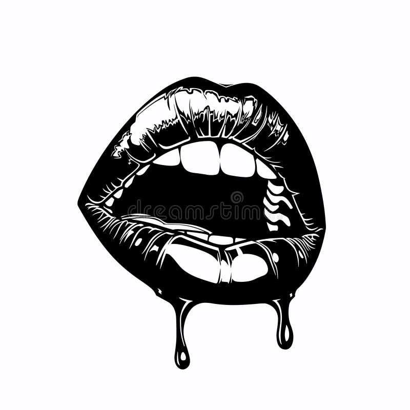 Black White Vector Illustration Sensual Dripping Lips. Bold Graphic