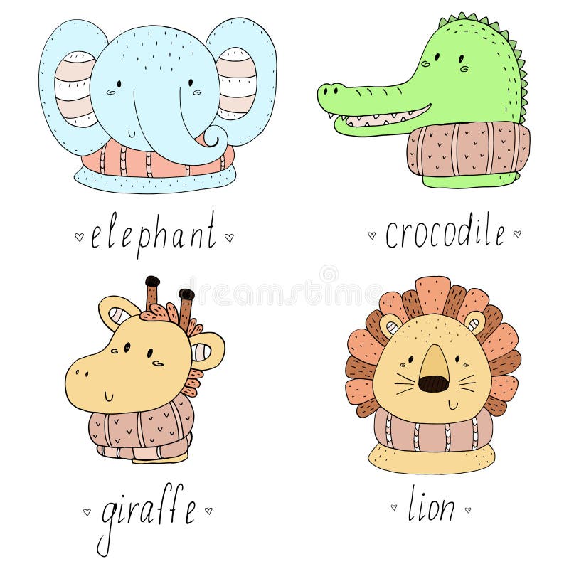 Black and White Vector Sketch of a Cute Animals. Vector Illustration