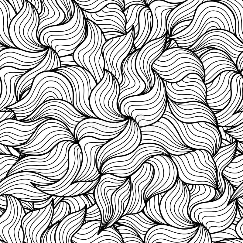 Black and white waves seamless pattern. Vector hand drawn wavy background stock illustration
