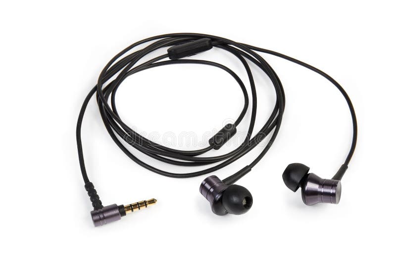 Black Wired inear Earphones on a White Background Stock Photo Image