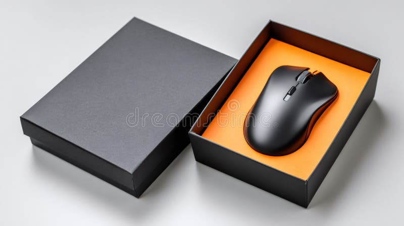 Black wireless computer mouse in gift box vector illustration