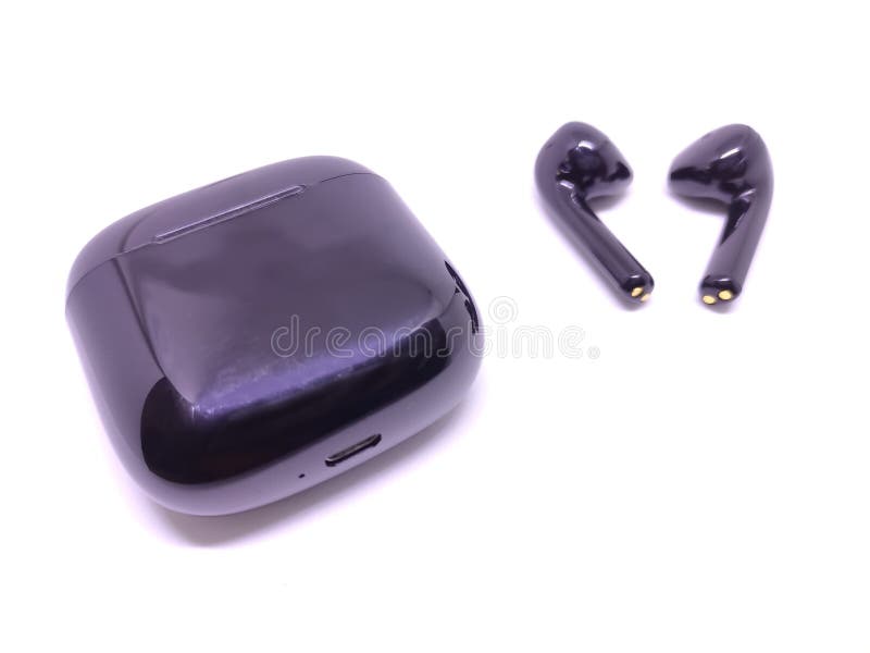 Black Wireless Headphone with Case Isolated on White Background. Stock