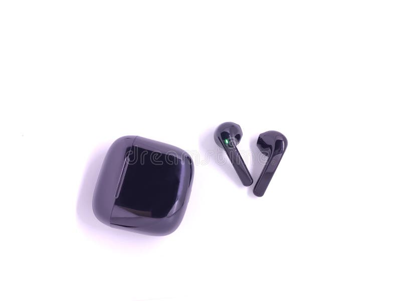 Black Wireless Headphone with Case Isolated on White Background. Stock