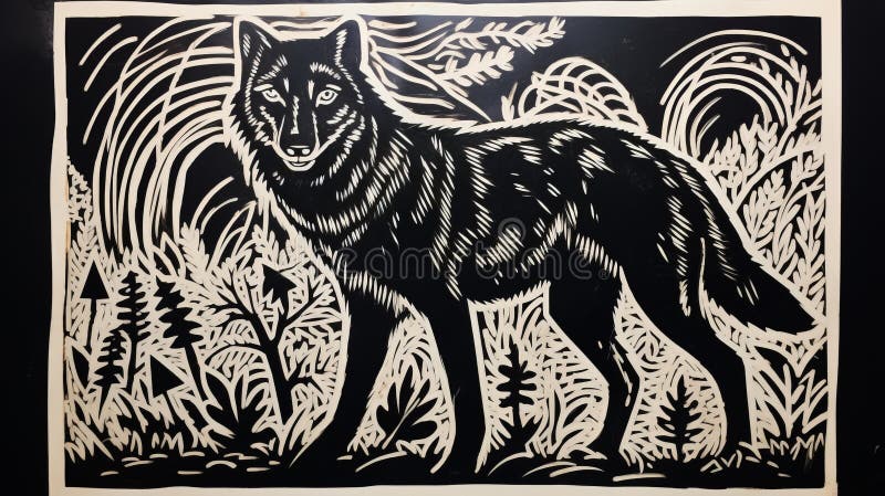 Black Wolf Woodcut Print Inspired By Anne Mccaffrey And Erich Heckel