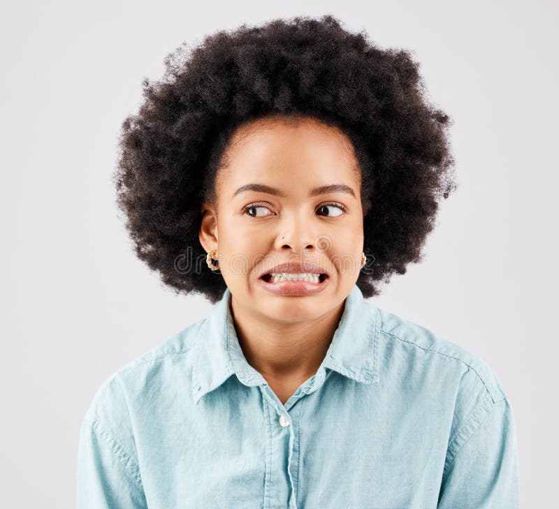 Black woman, afro and oops face in studio with comic expression for fail by white background. Girl, model and african stock photos