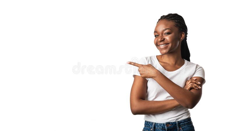 Black Woman In Braces Pointing Finger Aside, White Background, Panorama