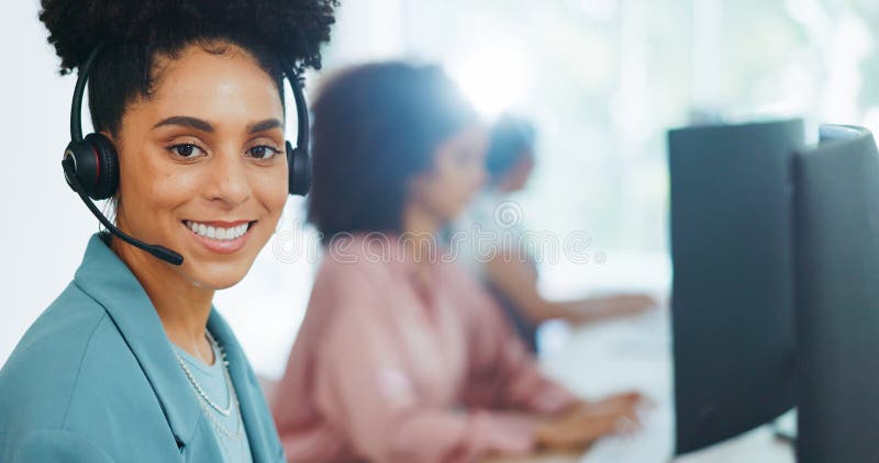 Black Woman, Call Center and Contact Us with CRM and Portrait in Office