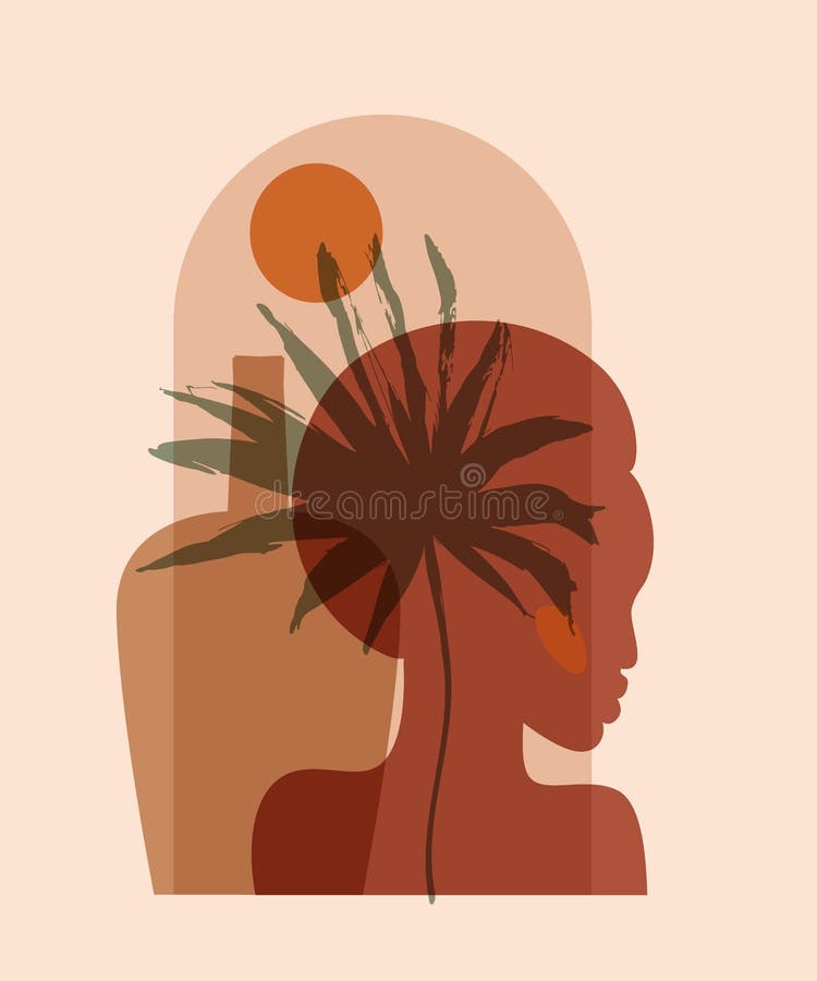 Black woman face mask, geometric, natural shapes, minimal fashion concept Abstract tropical palm leaf, vase, sun in pastel colors