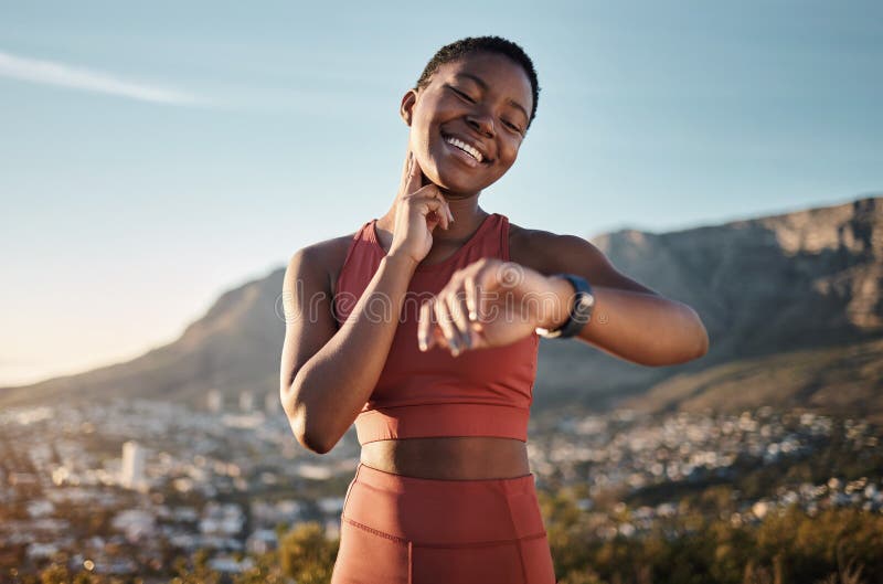 Black woman, fitness or smart watch for pulse check in nature workout, training or sunset exercise for cardiovascular