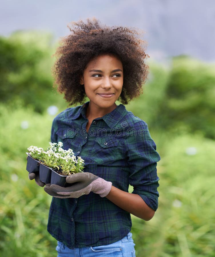 Black Woman is Gardening, Plant and Smile in Portrait, Botany Mockup ...