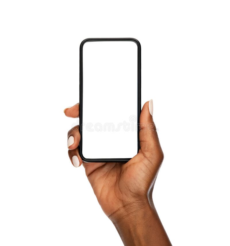 Black woman hand holding modern smart phone isolated on white background stock images