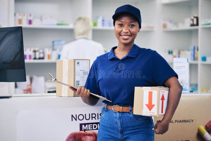 Black woman, package and pharmacy in portrait with delivery or medical items for stock. Employee, parcel and face with