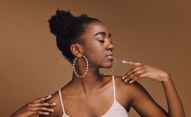 Black Woman, Pose or Fashion Hairstyle on Isolated Brown Background in  Relax Self Love, Trendy or Cool Style Promotion Stock Photo - Image of  clothes, cosmetic: 269482338