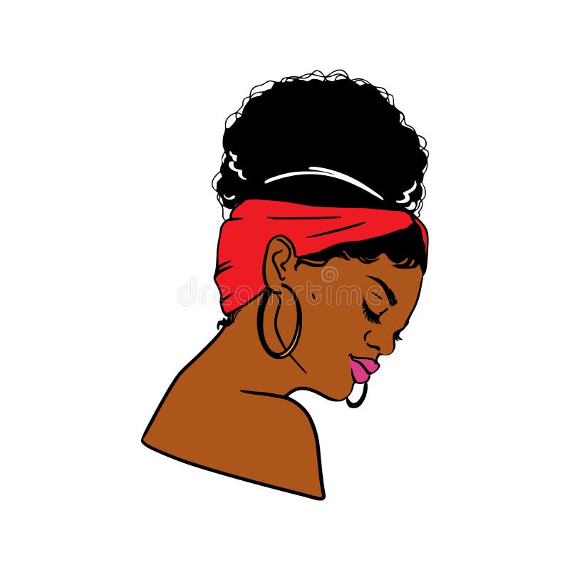 Black woman with a pretty face. African American girl. Afro Bun hairstyle, bandana. Vector illustration on white isolated