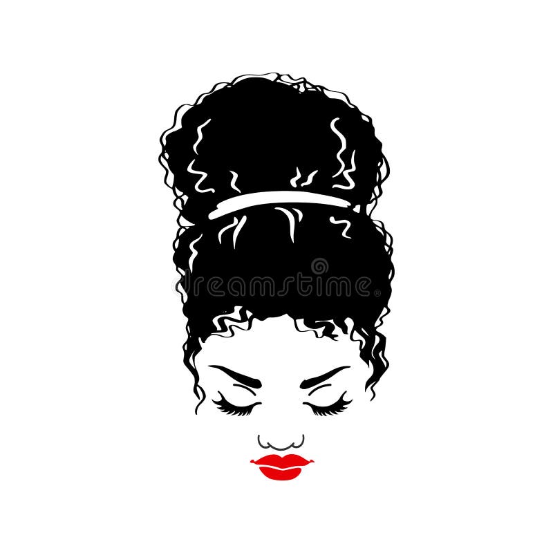 Black woman with a pretty face. African American girl. Messy bun hairstyle. Vector illustration on white isolated background. For