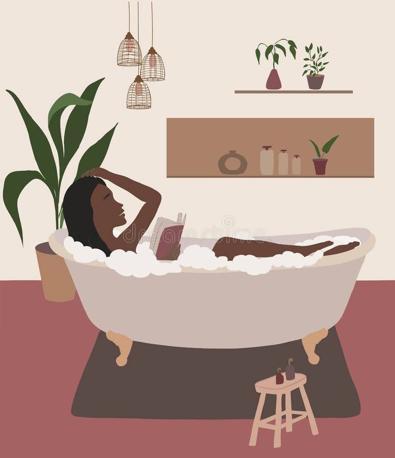 Black Woman Read Book In Bathtub wall art. African woman poster. Aesthetic boho vector illustration.