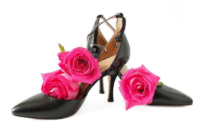 Black Woman`s Shoes Pair and Fresh Pink Roses on White, Concept Stock ...