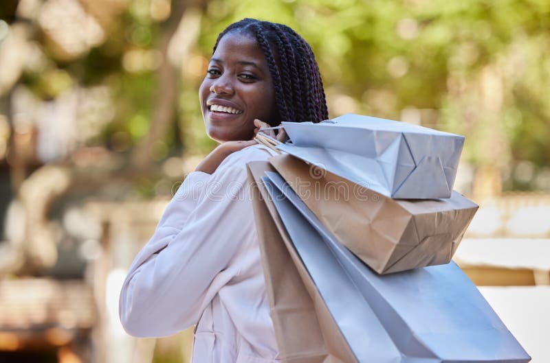 Black Woman, Shopping and Bags with Smile for Luxury, Self Love or Self ...
