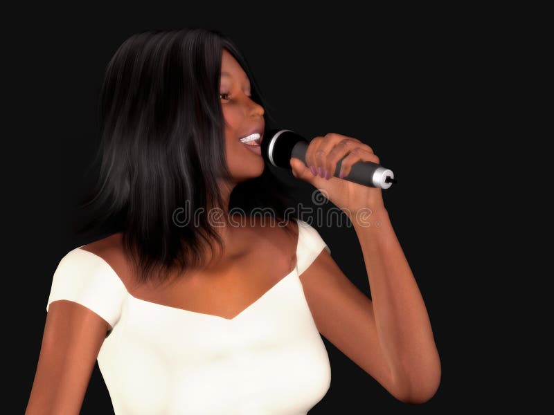 A young beautiful black woman singing with a microphone in her hand. Woman singing illustrations