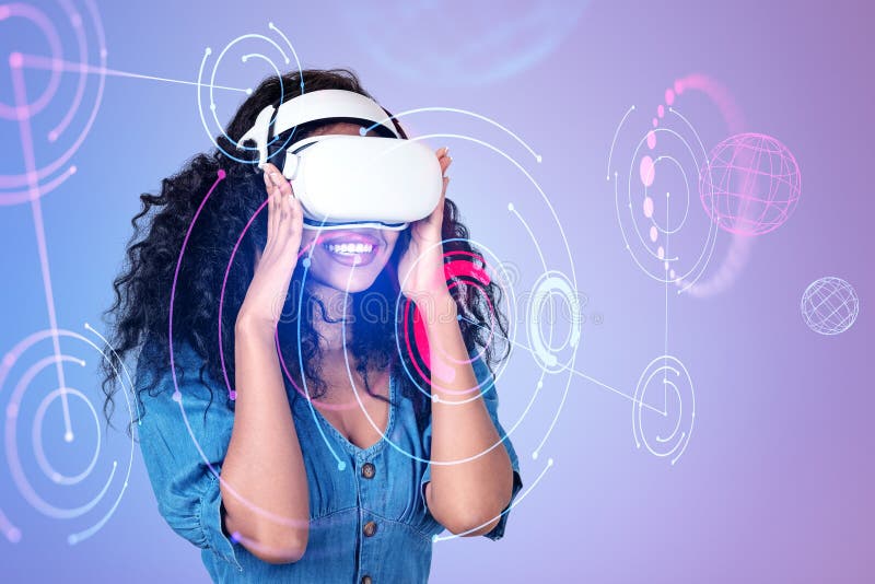 African woman in vr glasses, colorful metaverse hologram and spheres. Black woman working in vr glasses, smiling portrait and abstract metaverse hologram, colorful circuit of connection in digital world. Concept of futuristic technology