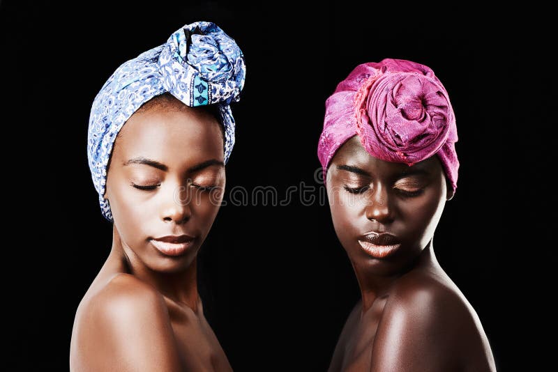 Black women, head wrap and relax portrait with beauty, skincare and natural cosmetics in studio. Traditional, turban and