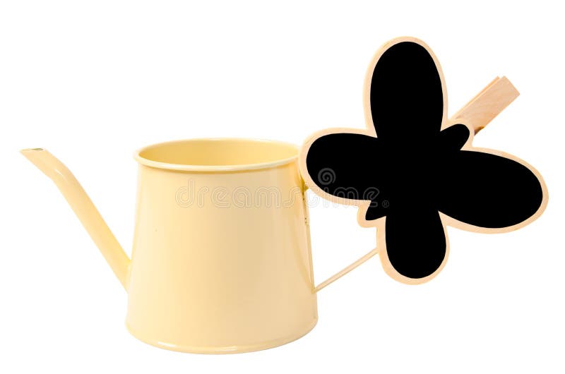 Black Wood Clip and Watering Can Isolated on White Background. Stock