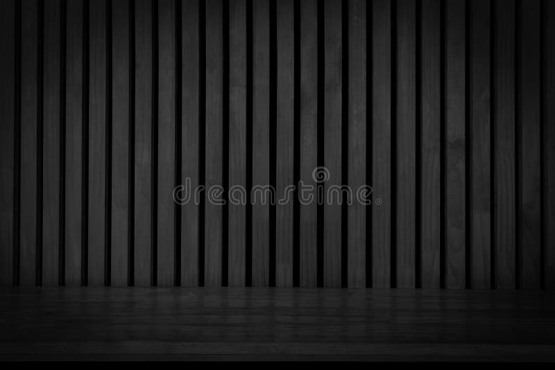 Black Wooden Board Empty Table in Front of Dark Wood Wall. Black Wooden