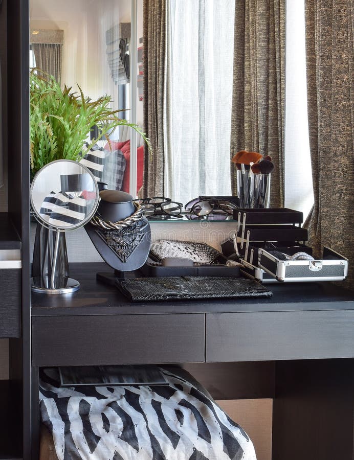 Black Wooden Dressing Table with Accessories Stock Image Image of
