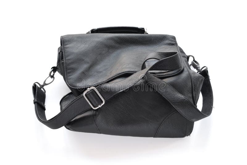 Black Wrinkled Leather Bag with Shoulder Strap. Stock Photo Image of