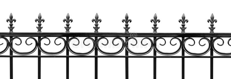 Black wrought iron front garden. Metal fence made of forged steel. Close up. Isolated on white background.