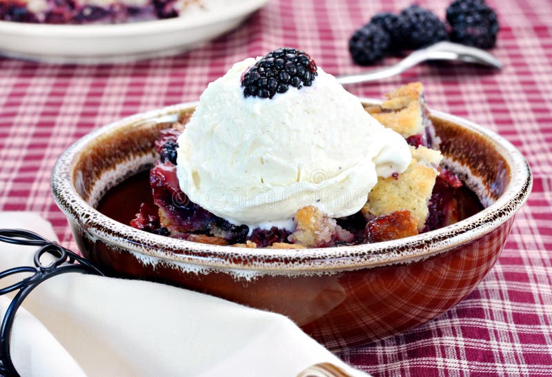 Blackberry Cobbler Topped with Vanilla Ice Cream Stock Photo Image of