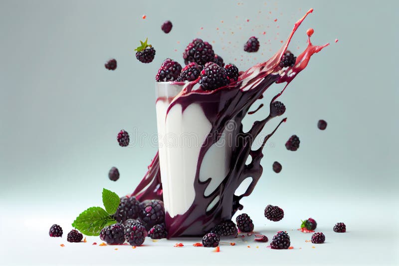 Blackberry SmoothieJuice Spashed on White Backdrop AI Generative Stock