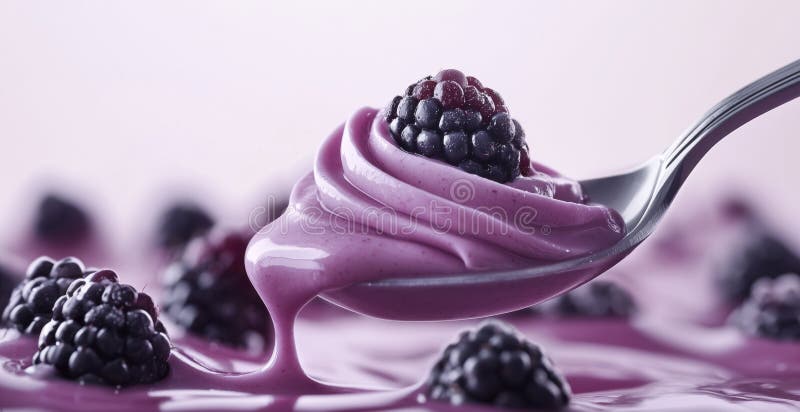 Blackberry yogurt swirl with fresh berries on spoon and creamy texture stock images