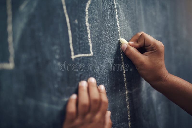 Blackboard, drawing and hands with chalk, school and learning with education, child and creative. Learner, knowledge and royalty free stock photos